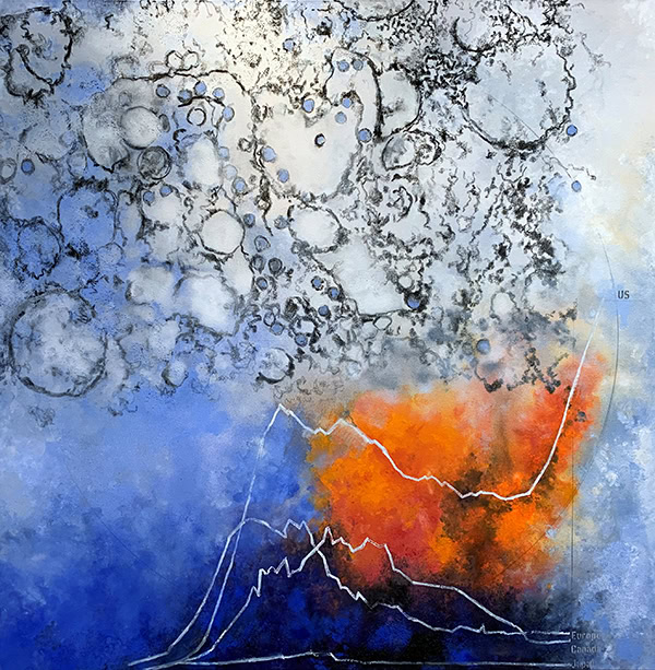 Burko_Covid19_web A blue, white and orange painting that represents the COVID-19 virus and climate change. It features bubbles and a graph.